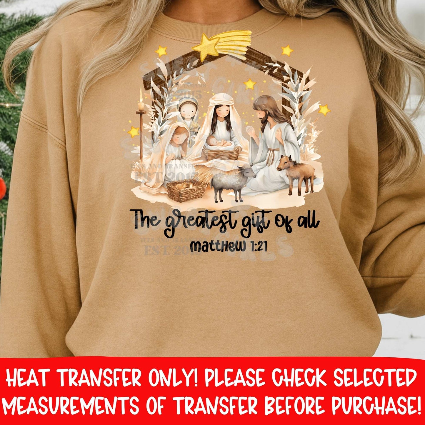 Nativity Scene Christmas Heat Transfer | Religious Holiday DTF Transfer | The Greatest Gift of All Matthew 1:21 | Baby Jesus Manger | Christian Faith Iron On Applique