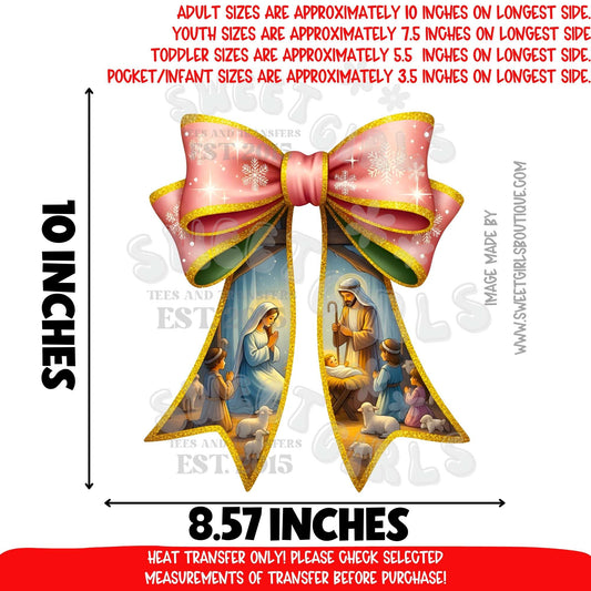 Golden Nativity Bow Religious Christmas DTF Heat Transfer | DTF Heat Transfer | Ready to Press Cold Peel Iron-On | DIY Shirt Sweatshirt Hoodie | Printable Transfer