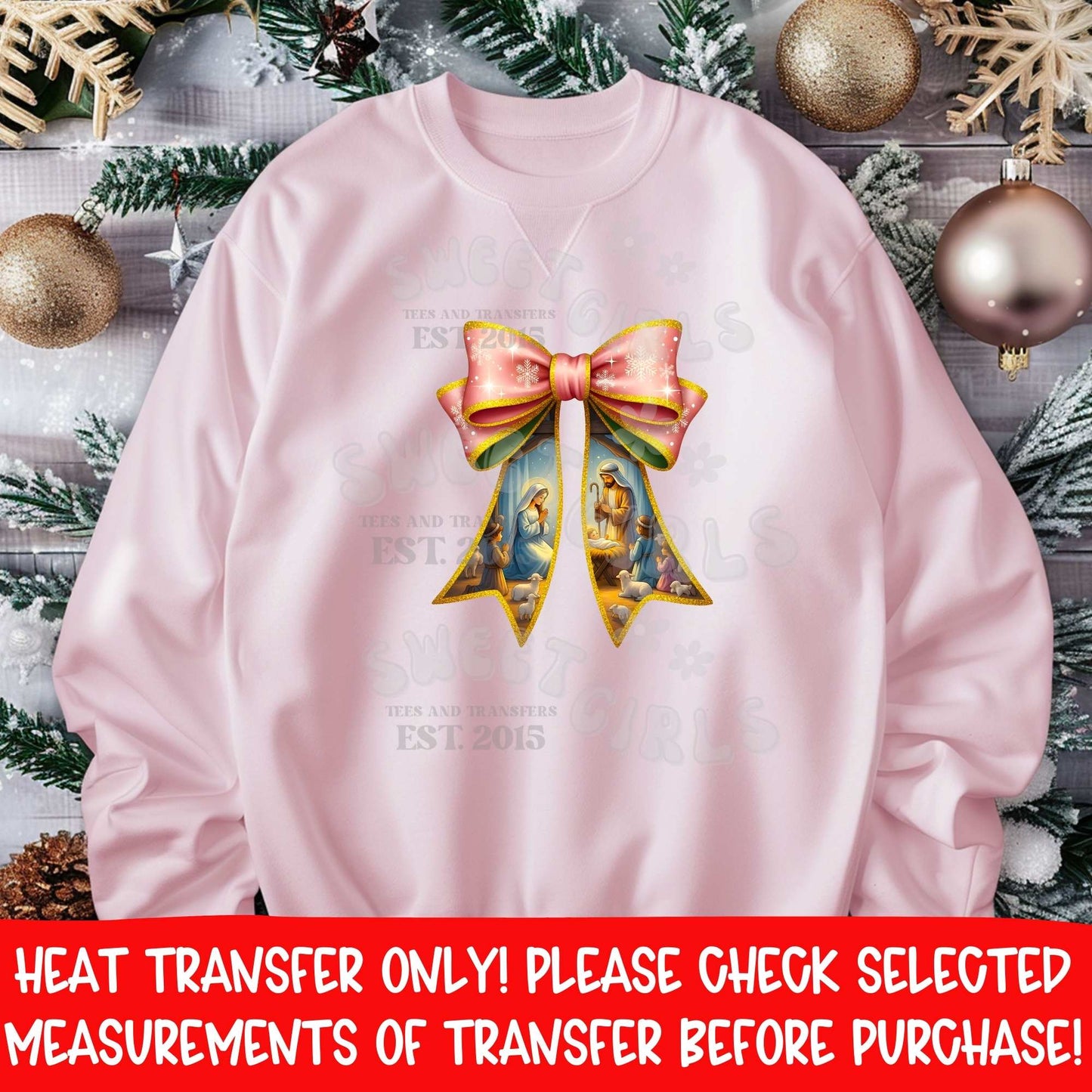 Golden Nativity Bow Religious Christmas DTF Heat Transfer | DTF Heat Transfer | Ready to Press Cold Peel Iron-On | DIY Shirt Sweatshirt Hoodie | Printable Transfer