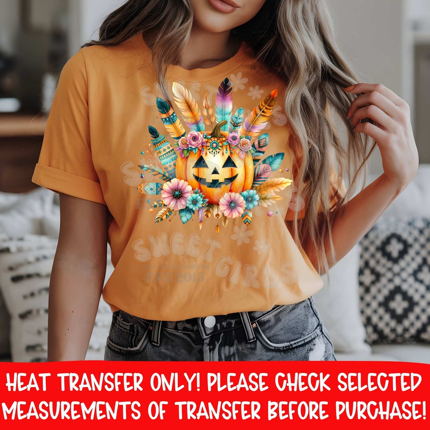 Floral Feather Pumpkin Tribal Boho DTF Heat Transfer | DTF Heat Transfer | Ready to Press Cold Peel Iron-On | DIY Shirt Sweatshirt Hoodie | Printable Transfer