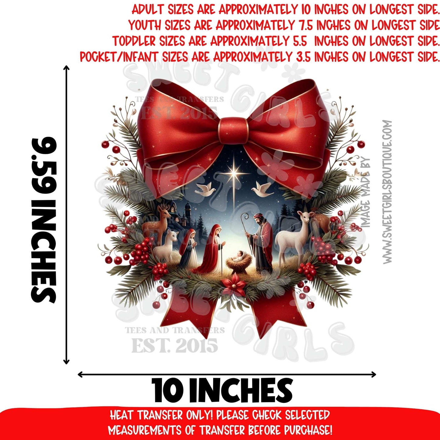Red Bow Nativity Scene Christmas DTF Heat Transfer | DTF Heat Transfer | Ready to Press Cold Peel Iron-On | DIY Shirt Sweatshirt Hoodie | Printable Transfer