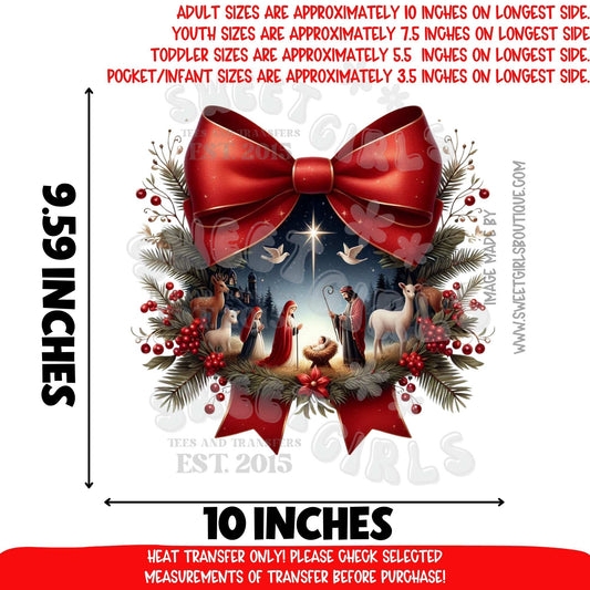 Red Bow Nativity Scene Christmas DTF Heat Transfer | DTF Heat Transfer | Ready to Press Cold Peel Iron-On | DIY Shirt Sweatshirt Hoodie | Printable Transfer