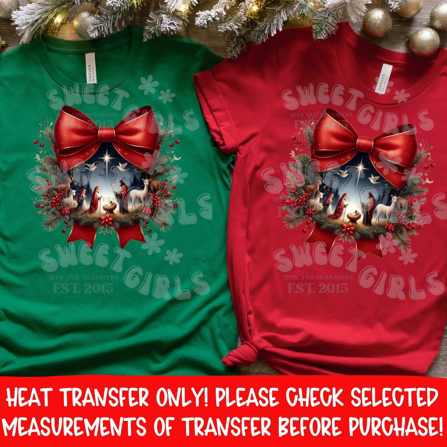 Red Bow Nativity Scene Christmas DTF Heat Transfer | DTF Heat Transfer | Ready to Press Cold Peel Iron-On | DIY Shirt Sweatshirt Hoodie | Printable Transfer