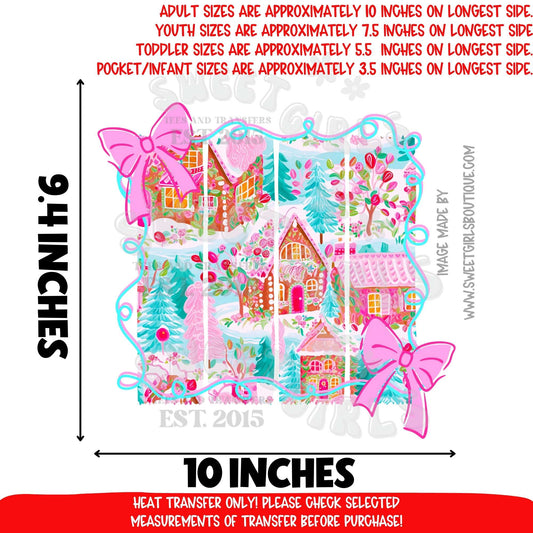 Pink Gingerbread Village Coquette Bow DTF Heat Transfer | DTF Heat Transfer | Ready to Press Cold Peel Iron-On | DIY Shirt Sweatshirt Hoodie | Printable Transfer