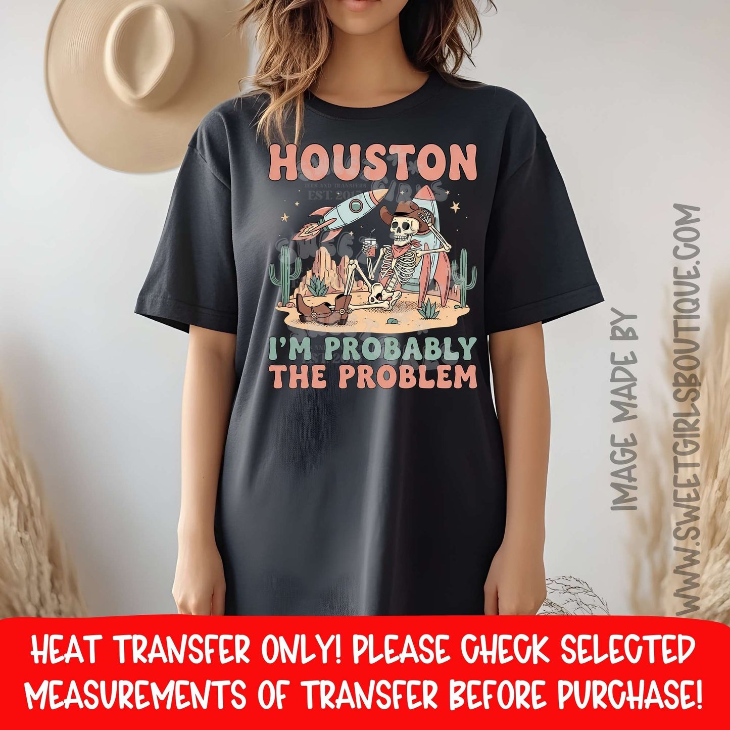 Houston Cowboy Skeleton Heat Transfer | Retro Western Desert DTF Iron On | Funny Halloween Graphic Ready to Press Transfer