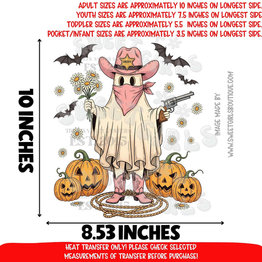 Cowboy Ghost Heat Transfer | Sheriff Ghost Pumpkin Halloween DTF Iron On | Western Spooky Graphic Ready to Press Printable Transfer