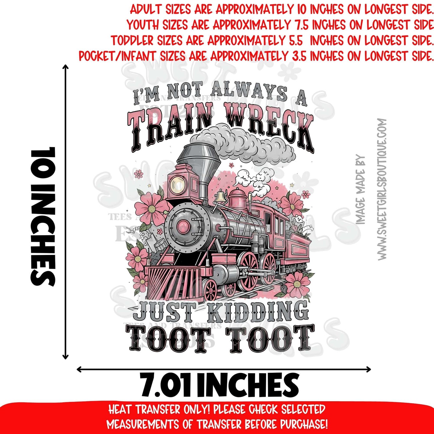 Train Wreck Funny Heat Transfer | Retro Pink Steam Engine DTF Iron On | I'm Not Always a Train Wreck Graphic Ready to Press