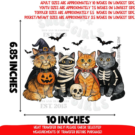 Halloween Cats Heat Transfer | Witch Cat Skeleton Cat Mummy Cat DTF Iron On | Spooky Cute Fall Printable Transfer Ready to Press