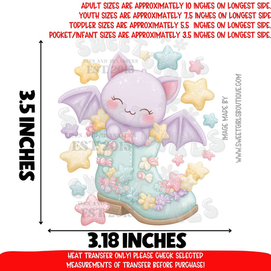 Cute Bat in Boot Pastel Halloween Heat Transfer | Kawaii Spooky Stars DTF Iron On | Ready to Press Cold Peel Printable Transfer