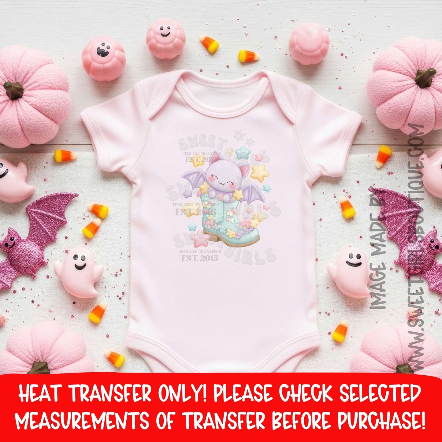 Cute Bat in Boot Pastel Halloween Heat Transfer | Kawaii Spooky Stars DTF Iron On | Ready to Press Cold Peel Printable Transfer
