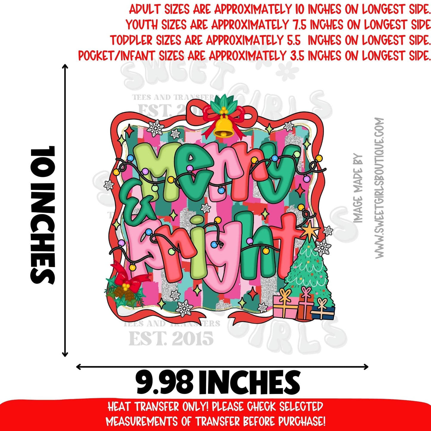 Merry & Bright Christmas DTF Heat Transfer Iron On | Retro Holiday Lights Gift