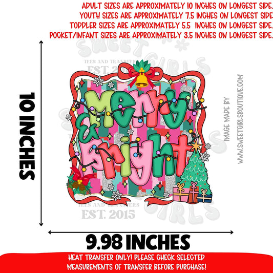 Merry & Bright Christmas DTF Heat Transfer Iron On | Retro Holiday Lights Gift