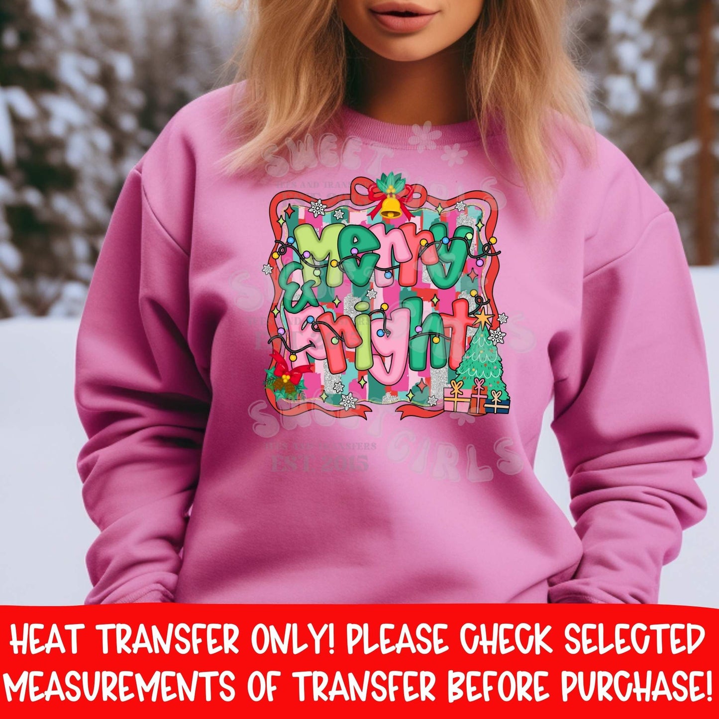 Merry & Bright Christmas DTF Heat Transfer Iron On | Retro Holiday Lights Gift