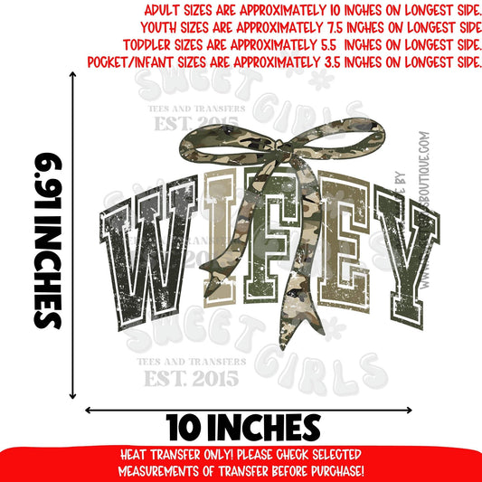 Wifey Camo Bow DTF Heat Transfer Iron On | Varsity Letters Military Bow Shirt