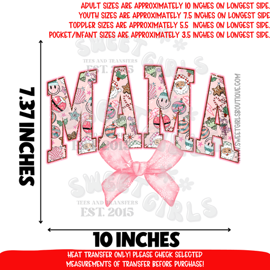 Pink MAMA Christmas DTF heat transfer iron-on appliqué • holiday mama bow tee print • festive family matching shirt design