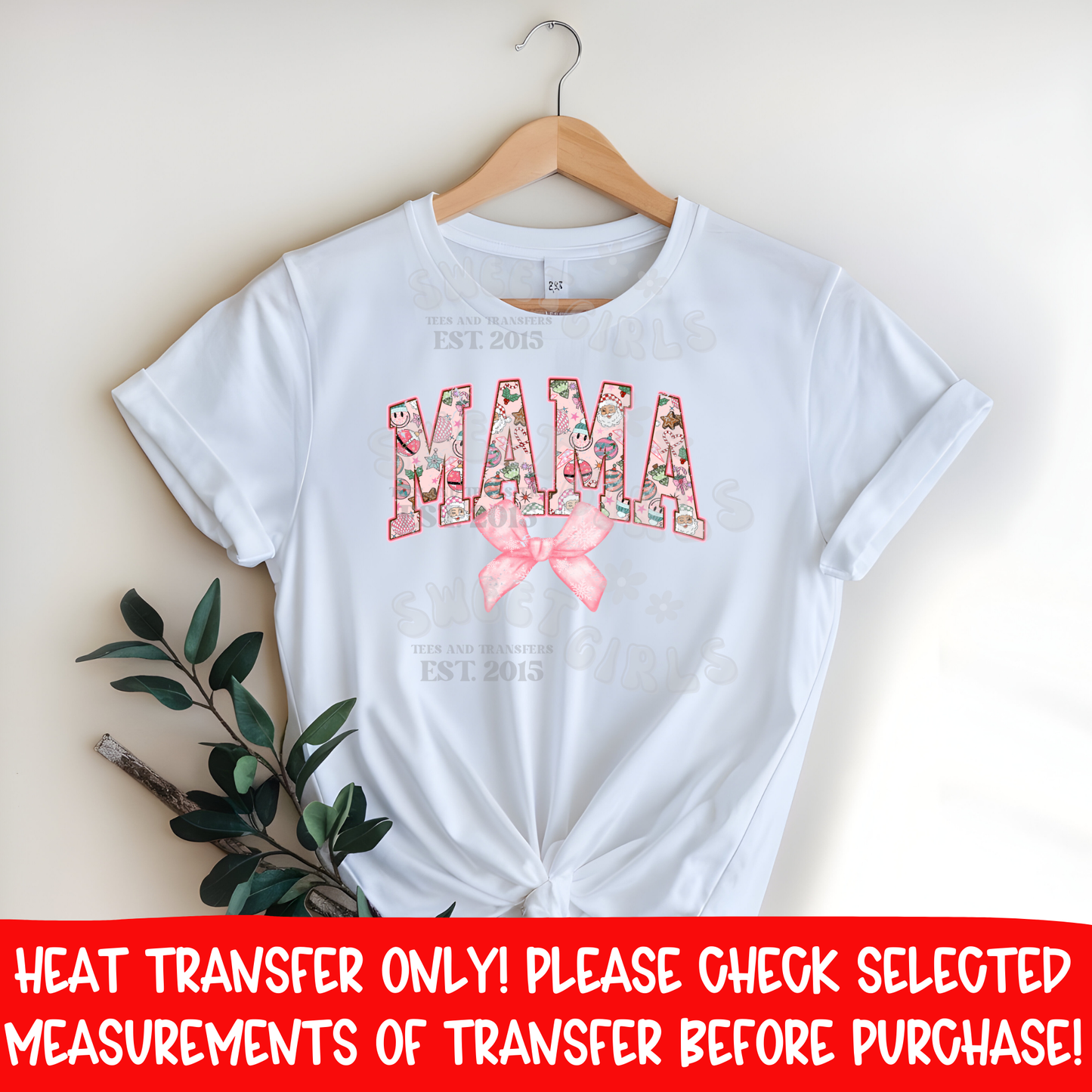 Pink MAMA Christmas DTF heat transfer iron-on appliqué • holiday mama bow tee print • festive family matching shirt design