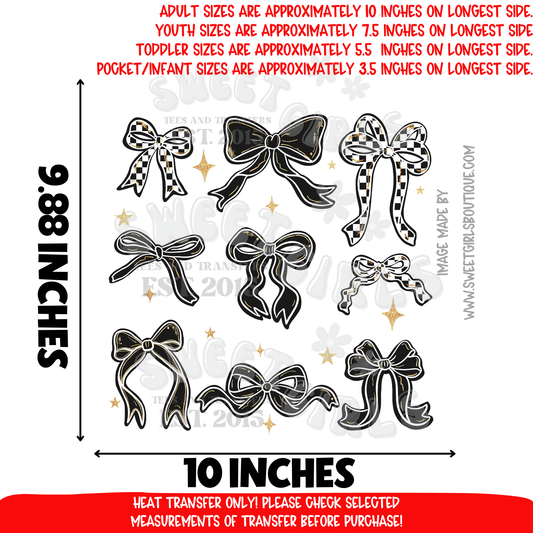 Black White Bow Set DTF heat transfer iron-on appliqué • trendy checkered ribbon bows • girly retro coquette shirt print