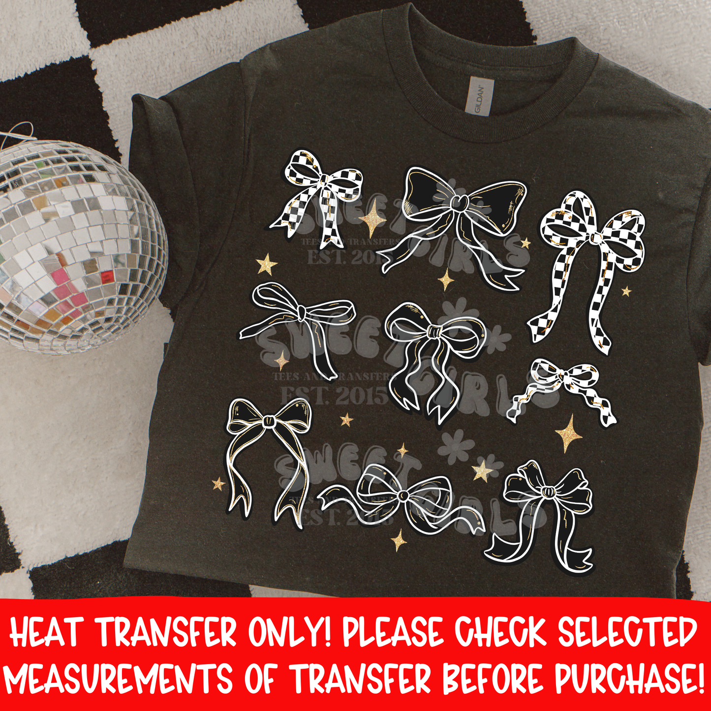 Black White Bow Set DTF heat transfer iron-on appliqué • trendy checkered ribbon bows • girly retro coquette shirt print