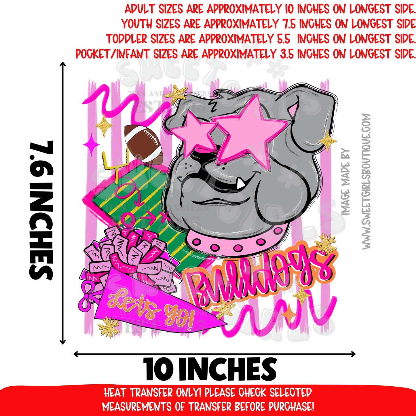 Bulldogs Mascot DTF Heat Transfer | Pink Star Spirit School Pride Iron On | Trendy Football Game Day Printable | DIY Pep Rally Shirt