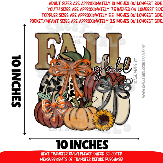 Fall Y’all pumpkins & bows DTF heat transfer, rustic farmhouse pumpkin stack with sunflower autumn iron on design