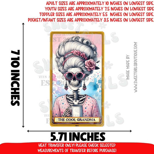 Cool Grandma skeleton tarot card DTF heat transfer, pastel frame stylish granny with coffee cup trendy nana Halloween iron on