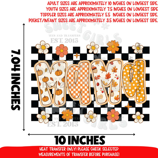 MAMA fall checkerboard floral DTF heat transfer, autumn pumpkins and daisies retro block letters iron on