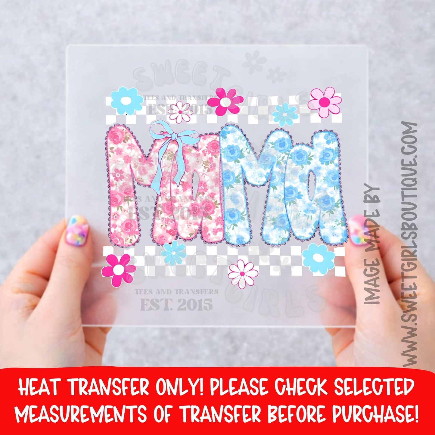 Mama Floral Blue Pink DTF Heat Transfer Not A Shirt