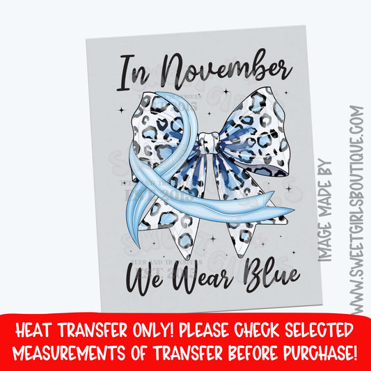 Diabetes Awareness Blue Ribbon Bow DTF Heat Transfer | Wear Blue November Iron On