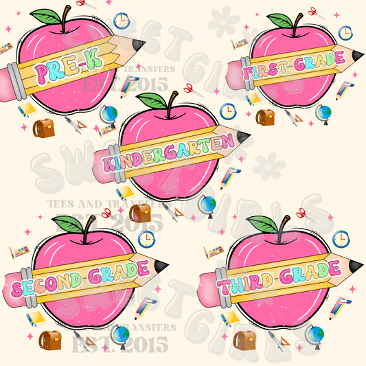Bright Block Grade DTF Transfer – Ready to Press Colorful School Iron-On – Apple, Pencil & Learning Icons for Back to School Shirts