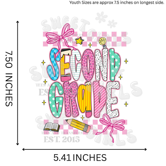 Neon Faux Glitter Back to School DTF Transfer – Ready to Press Direct to Film Iron-On for Teachers – PreK to 4th Style – Pink Bow, Checkered, & Pencil Design for Shirts, Bags, and More
