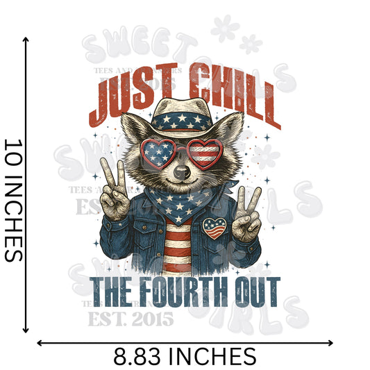 Just Chill The Fourth Out DTF Transfer – Patriotic Raccoon Heat Transfer Iron-On for July 4th Shirts & Sweatshirts | USA Flag Shades