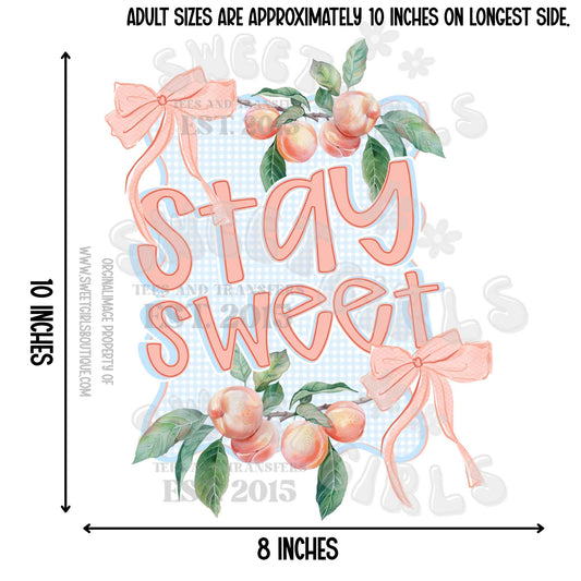 Stay Sweet Peach Bow DTF Heat Transfer – Gingham Background Southern Summer Fruit Design