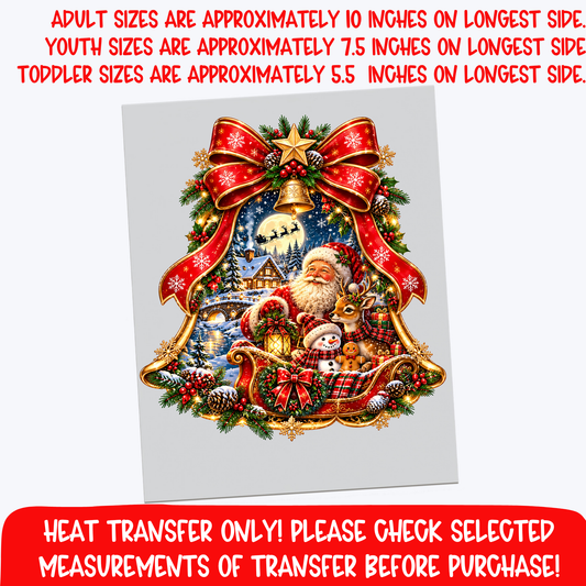 Christmas Santa Sleigh Bow DTF Transfer, Vintage Santa Reindeer Snowman Winter Scene Iron On Heat Transfer for Holiday Shirts, Christmas Pajamas, Boutique Sweatshirts, Teacher Gifts, Family Matching Outfits, Adult and Youth Sizes, Heat Transfer Only