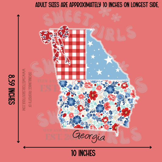 Georgia State Floral Patchwork Heat Transfer – Ready to Press Patriotic Bow Design – USA Floral Gingham & Stars Iron-On Transfer for Shirts, Bags, and More – Trendy Heat Transfer
