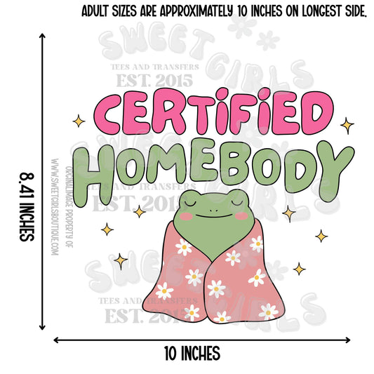 Certified Homebody Frog in Blanket DTF Heat Transfer – Cozy Cute Graphic | Iron-On for Pajama Tees, Lounge Sets & Gifts