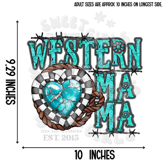 Western Mama DTF Heat Transfer – Turquoise Cowgirl Heart Rope Print for Country Shirts & Western Vibes – Ready to Press