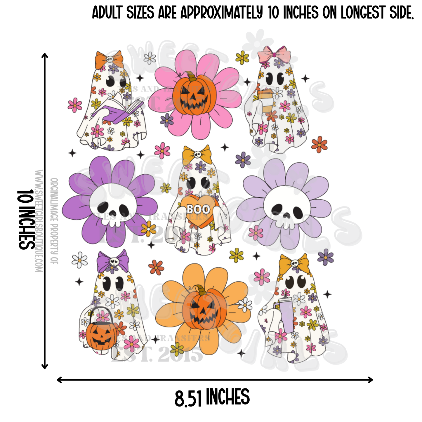 Groovy Floral Ghosts Heat Transfer – Halloween Skull Flowers with Pastel Pumpkins & BOO Candy – Trendy Ready to Press DTF for Shirts, Totes, Fall DIY Gifts