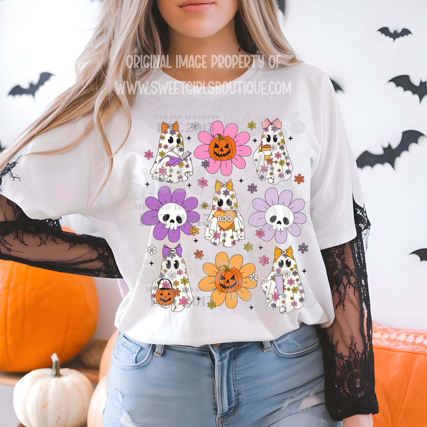 Groovy Floral Ghosts Heat Transfer – Halloween Skull Flowers with Pastel Pumpkins & BOO Candy – Trendy Ready to Press DTF for Shirts, Totes, Fall DIY Gifts