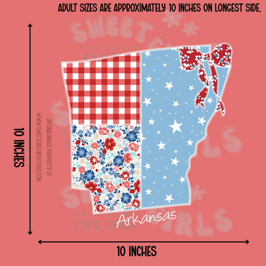 Arkansas Patriotic State Heat Transfer – Ready to Press USA Bow Floral Patch Design – Iron-On Transfer for T-Shirts, DIY Crafts, and Handmade Gifts – Washable and Durable Heat Transfer Stickers