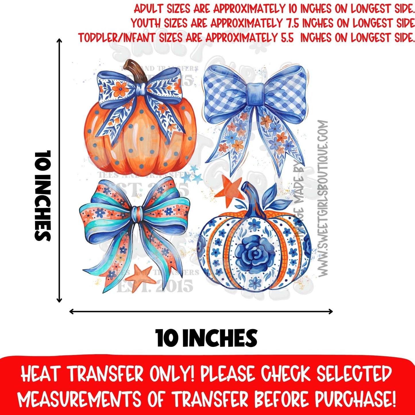 Blue Floral Pumpkin Bow Fall Coquette DTF Heat Transfer, Ready To Press, NOT A SHIRT