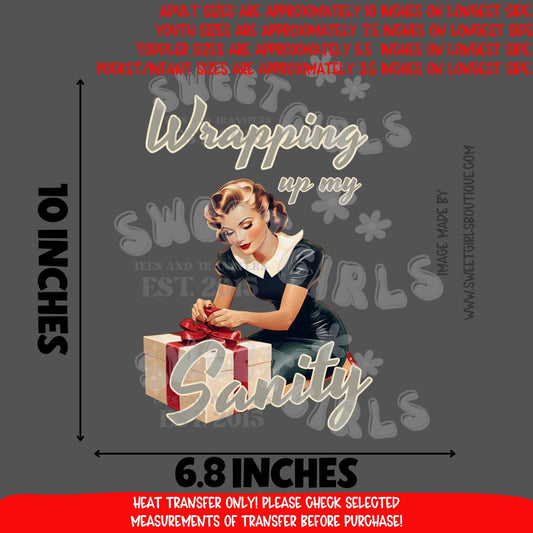 Wrapping Up My Sanity DTF Heat Transfer – Retro Christmas Pinup Gift – Funny Holiday Mom Ready To Press Iron-On – NOT A SHIRT – DIY Apparel Transfer
