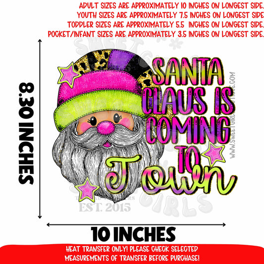 Santa Claus Is Coming To Town DTF Heat Transfer – Bright Neon Leopard Santa – Christmas Iron-On – NOT A SHIRT – Ready To Press Holiday Transfer