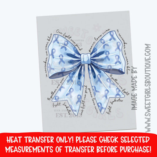 November Wear Blue Diabetes Awareness Bow DTF Heat Transfer | Blue Ribbon Iron On