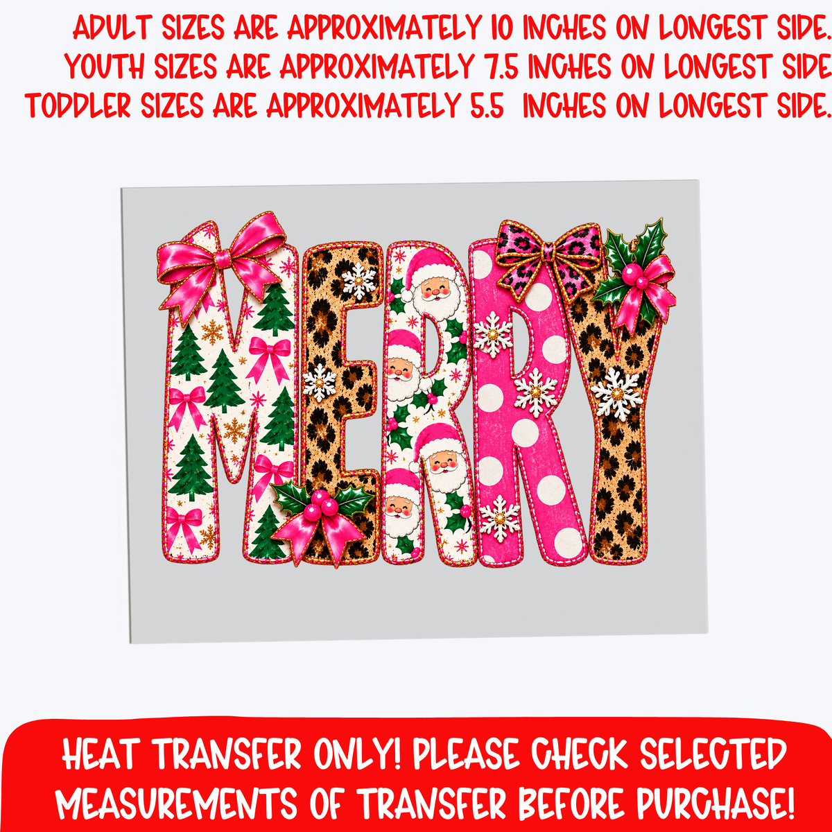 Merry Christmas DTF Transfer, Pink Leopard Santa Bow Letter Iron On Heat Transfer for Cute Holiday Shirts, Girly Christmas Sweatshirts, Boutique Pajamas, Coquette Xmas Outfits, Adult and Youth Sizes, Heat Transfer Only