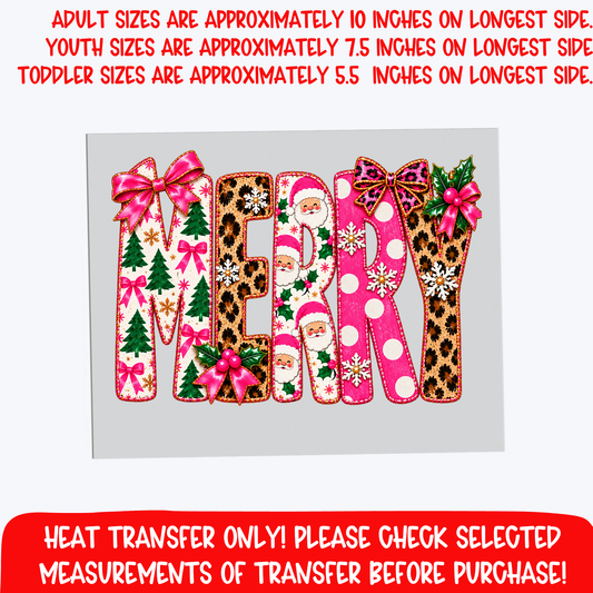 Merry Christmas DTF Transfer, Pink Leopard Santa Bow Letter Iron On Heat Transfer for Cute Holiday Shirts, Girly Christmas Sweatshirts, Boutique Pajamas, Coquette Xmas Outfits, Adult and Youth Sizes, Heat Transfer Only