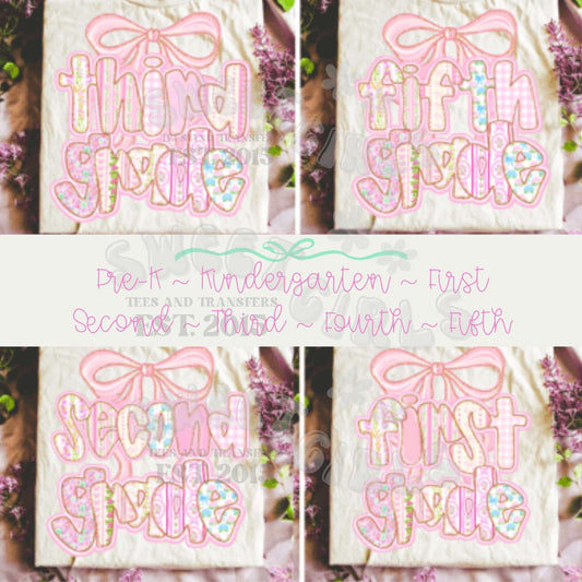 Pastel Bow School DTF Heat Transfers – Pre-K to 5th Grade – Pink Grandmillennial Iron-On Shirt Designs for Girls