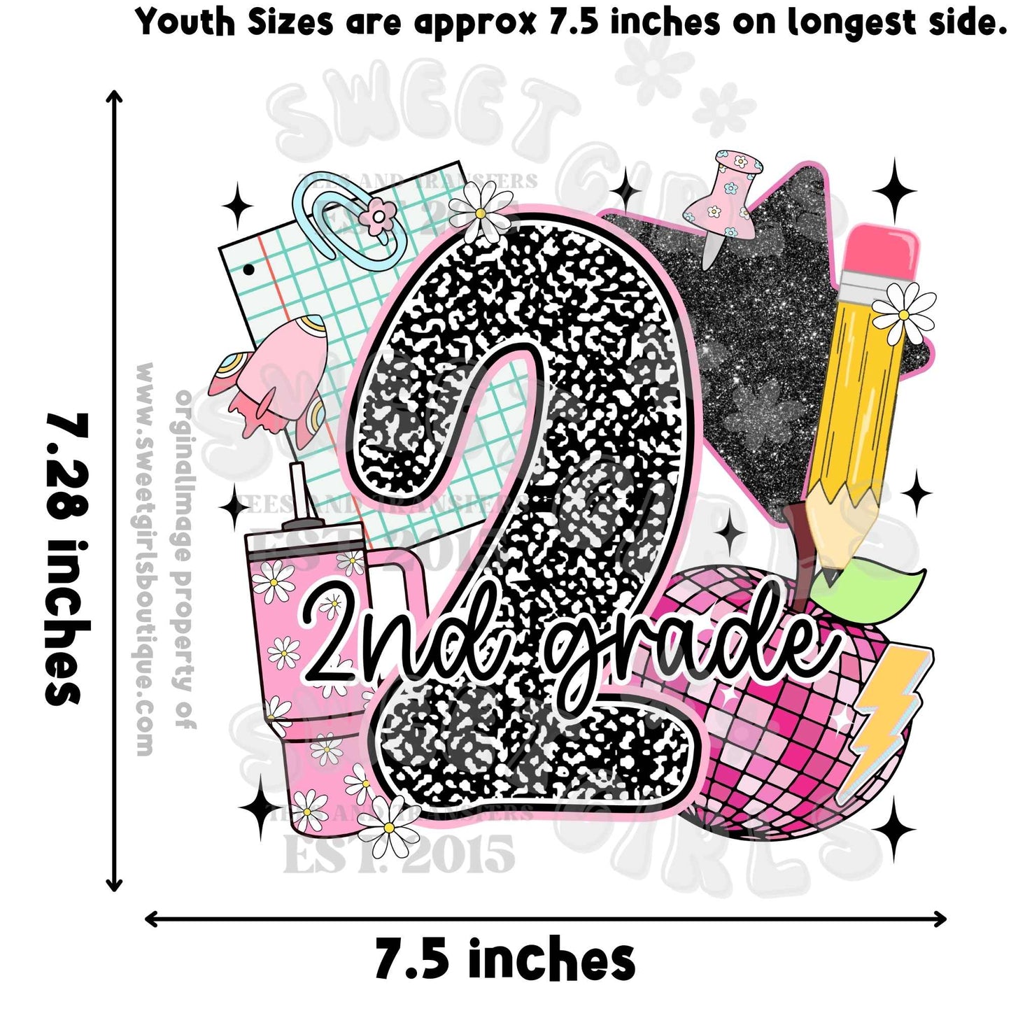 Y2K Girls Back to School Heat Transfer – Preschool to 5th Grade Glitter Notebook Cupcake Pencil DTF Print