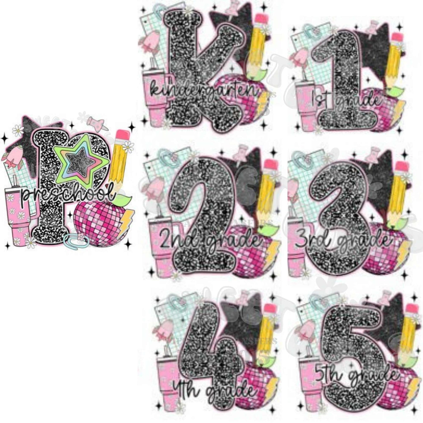 Y2K Girls Back to School Heat Transfer – Preschool to 5th Grade Glitter Notebook Cupcake Pencil DTF Print