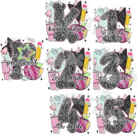 Y2K Girls Back to School Heat Transfer – Preschool to 5th Grade Glitter Notebook Cupcake Pencil DTF Print