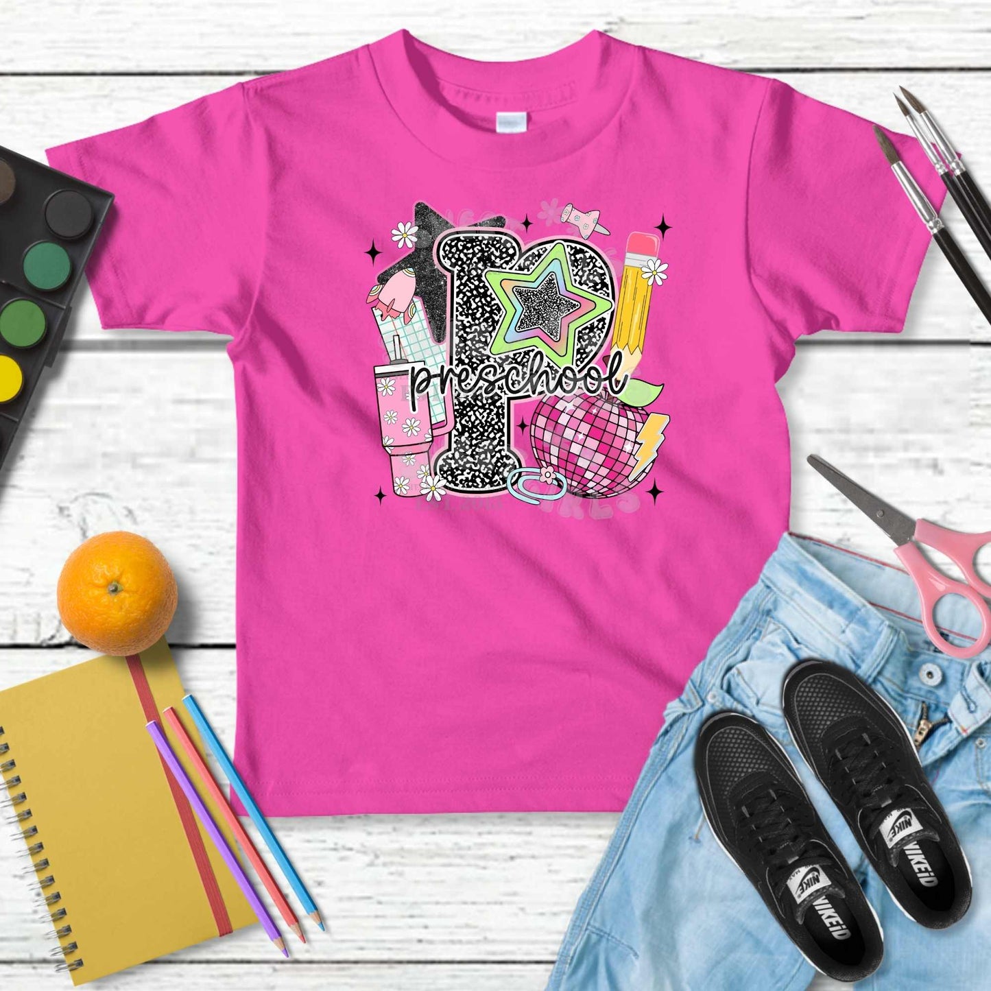 Y2K Girls Back to School Heat Transfer – Preschool to 5th Grade Glitter Notebook Cupcake Pencil DTF Print